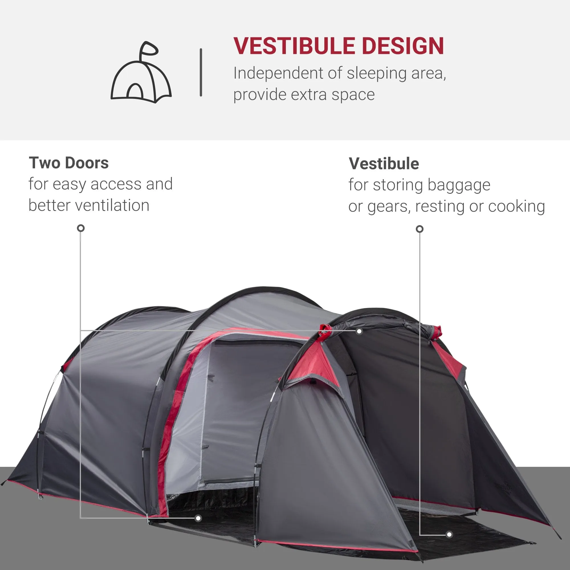 Outsunny Camping Dome Tent 2 Room's for 3-4 Person with Weatherproof Screen - Dark Grey